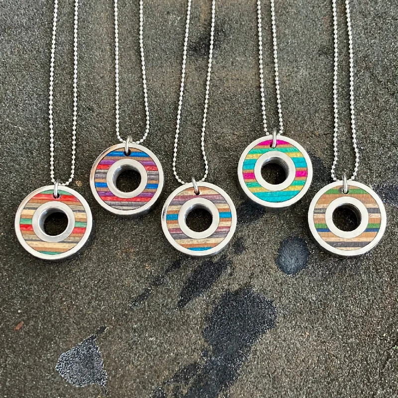 Swirl shape necklaces-Upcycled Wood Skateboard Ball Bearing Necklaces