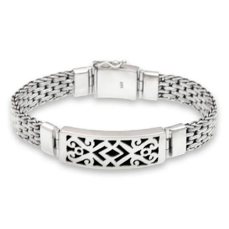 Braided fiber bangles-NOVICA Handmade Men's Balinese Warrior Fretwork Sterling Silver Plaque-style Bracelet (Indonesia)