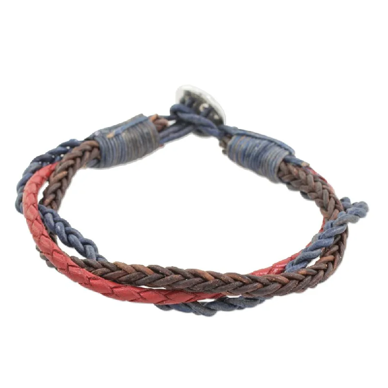 Flex cord bangles-Leather and Fine Silver Braided Wristband Bracelet, 'Walks of Life' (Guatemala) - 7'6" x 9'6"