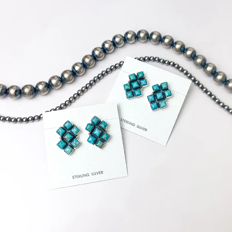 Simple cross earrings-Hada Collection | Handmade Sterling Silver Square Cluster Stud Earrings with Kingman Turquoise Remix Stones