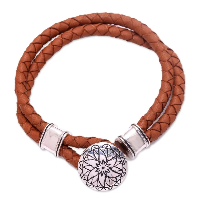 Pure link bangles-NOVICA Lotus, Sterling silver accent leather braided bracelet