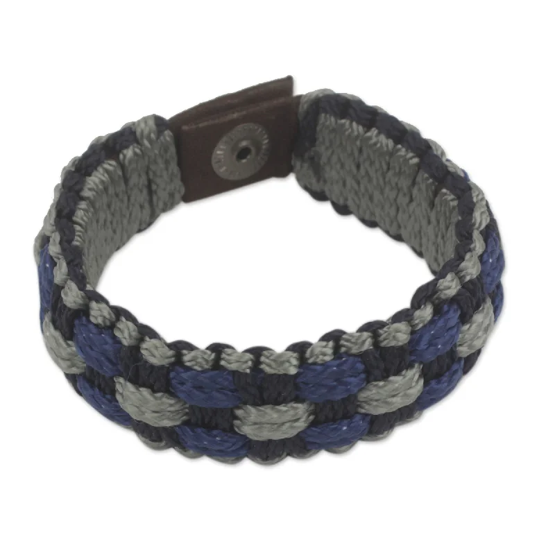 Pure modern bangles-Men's Polypropylene Gray, Navy Blue and Black Cords Recycled Paper 'Flowing Spring' Wristband Bracelet (Ghana)