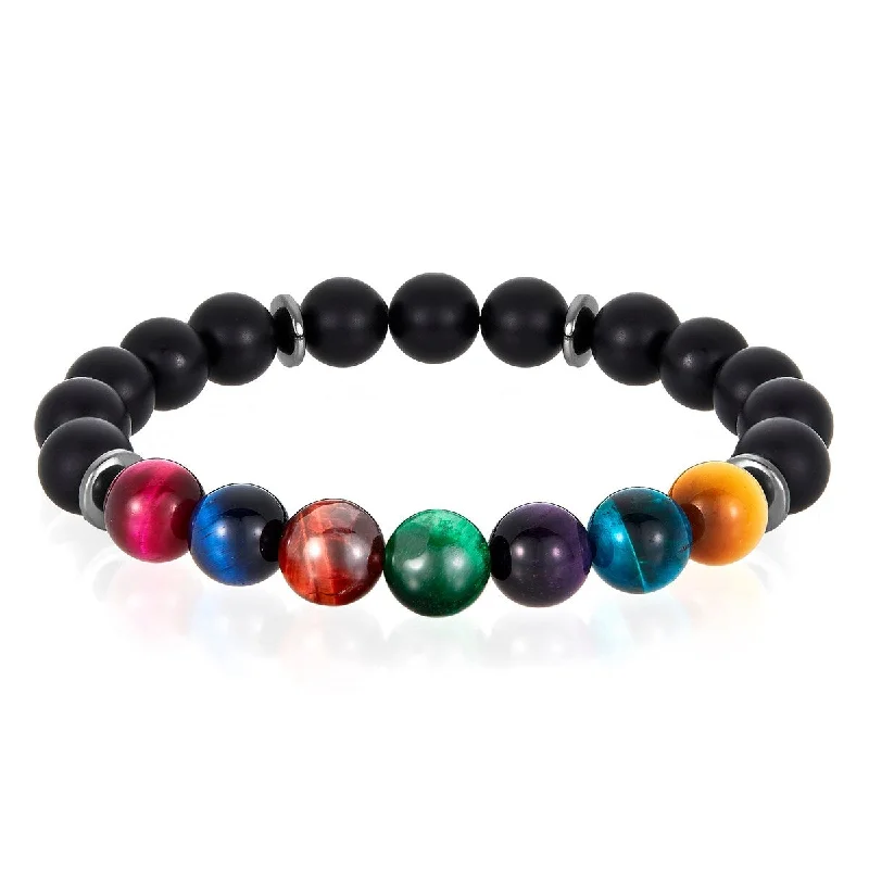 Bead charm bangles-Men's Tiger Eye and Onyx Stone Bead Stretch Bracelet (10mm) - 8.25"