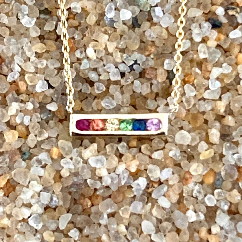 Light filigree necklaces-Rainbow 14K Gold Bar Pendant Necklace