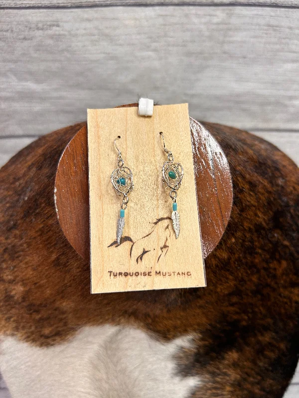 Curved design earrings-Dream Catcher With Turquoise Nugget & Feather Earrings