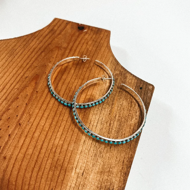 Shiny pearl earrings-Lois Tzuni | Navajo Handmade Sterling Silver and Turquoise Stone Hoop Earrings