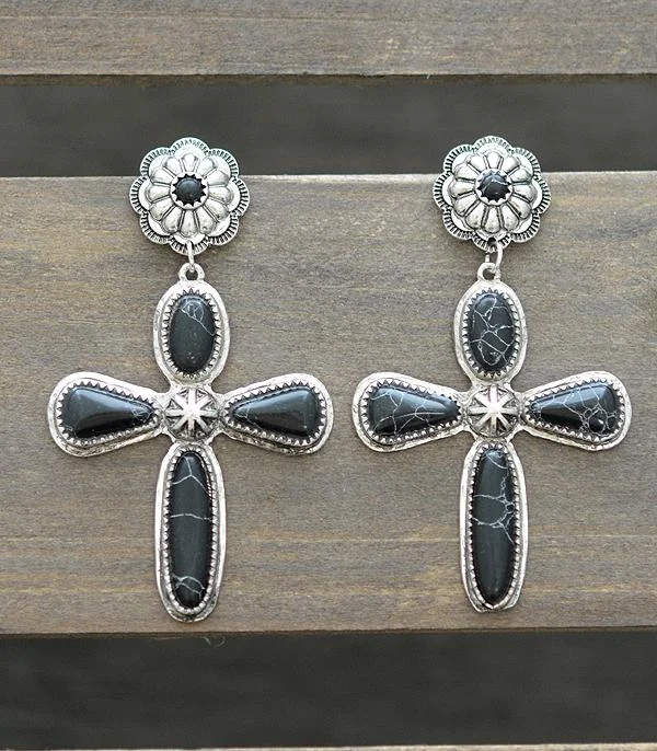 Radiant star earrings-Black Stone Cross Earrings