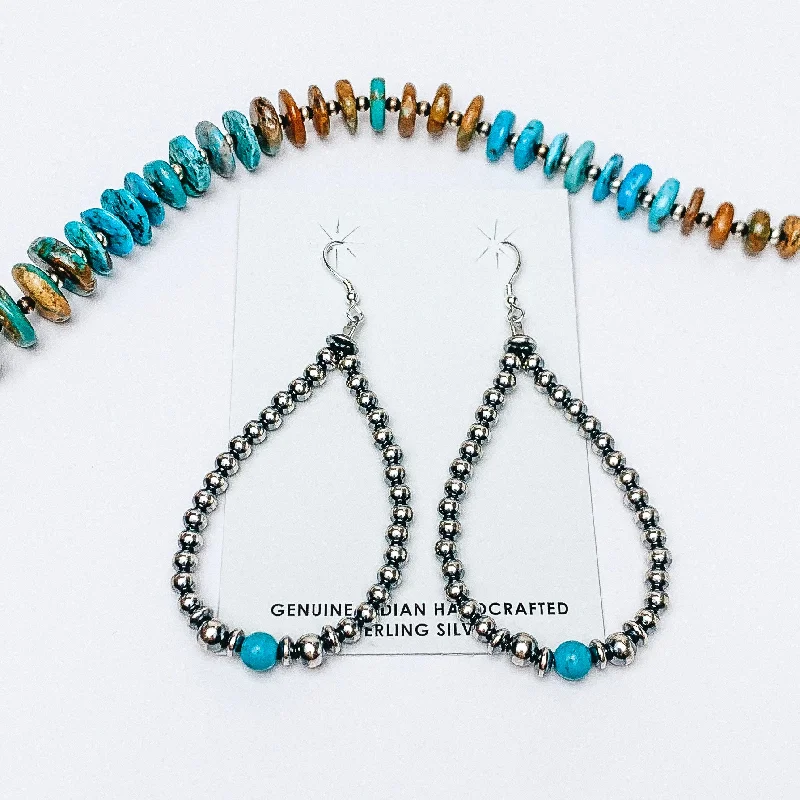 Victorian flair earrings-Mason Lee | Navajo Handmade Sterling Silver Navajo Pearl and Sleeping Beauty Turquoise Single Stone Hand Strung Teardrop Earrings