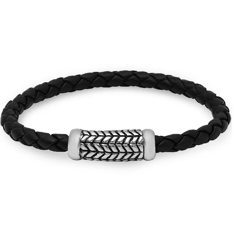 Pinch clasp bangles-Oxford Ivy Braided Black Leather Bracelet with Magnetic Stainless Steel Clasp -8 3/4 inches