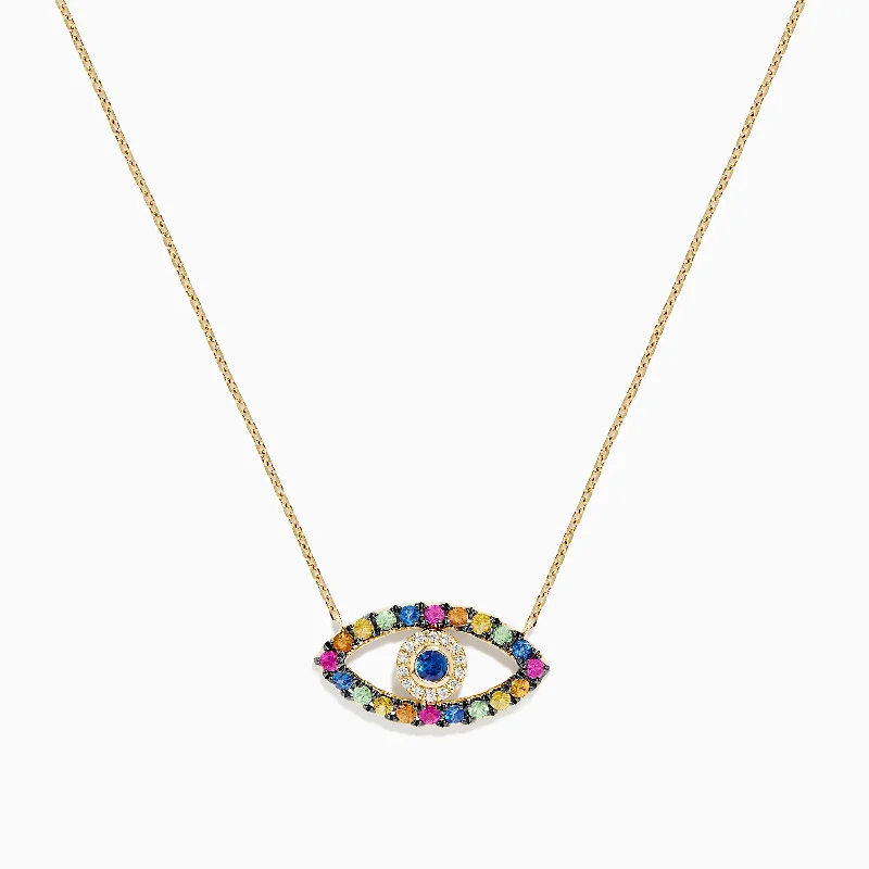 Half moon necklaces-Novelty 14K Yellow Gold Multi Sapphire and Diamond Evil Eye Necklace