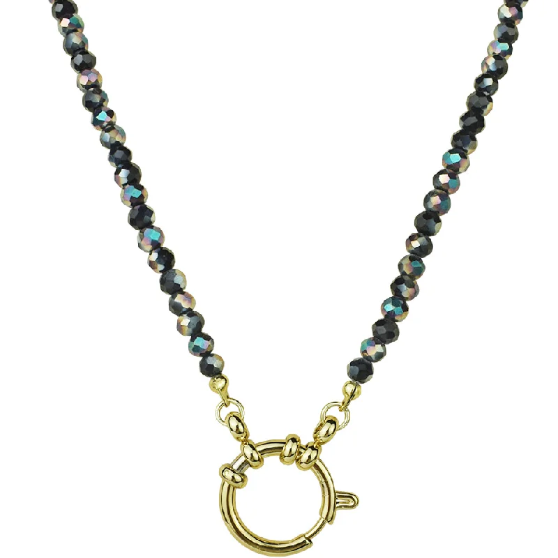 Silk cord necklaces-Crystallized 4mm Beaded Sailor Clasp Spring Ring Charm 18" Necklace (Goldtone/Black AB)