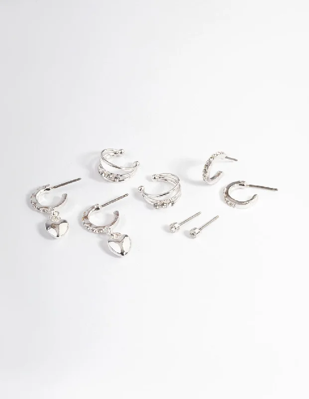 Tide drop earrings-Silver Crystal Puffed Heart Earrings 4-Pack