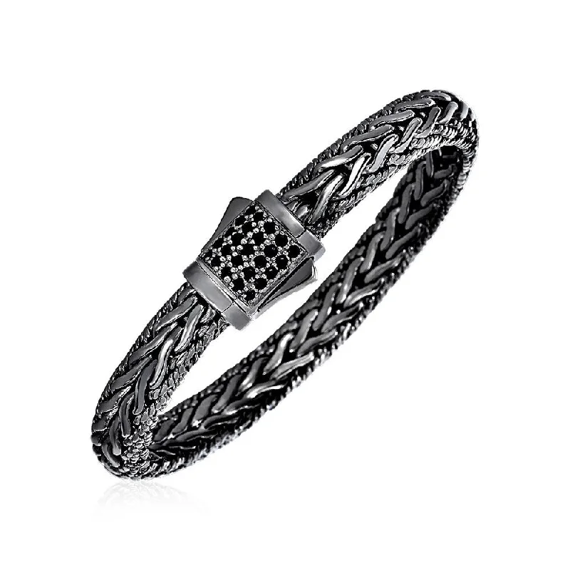 Dusk gothic bangles-Wide Woven Bracelet with Black Sapphires and Black Finish in Sterling Silver