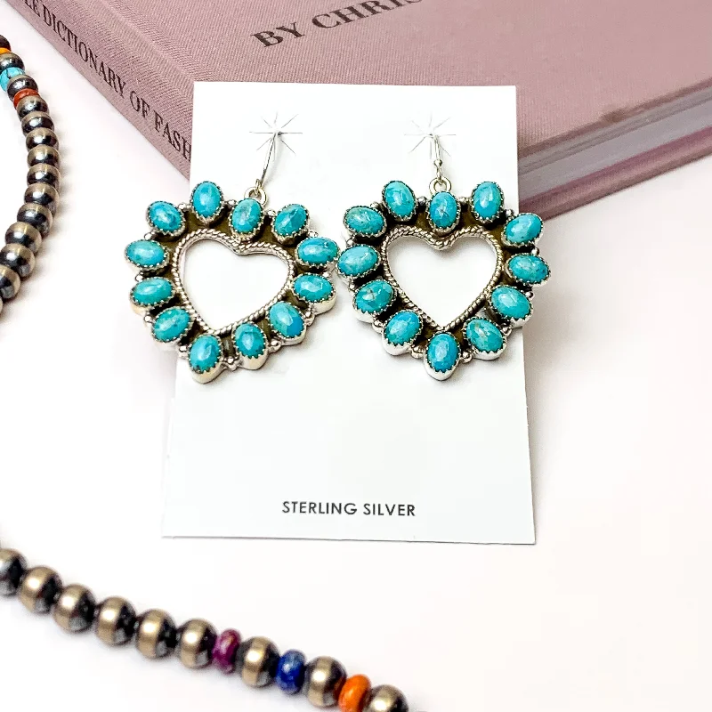 Bead weave earrings-Hada Collection | Handmade Sterling Silver Open Heart Shaped Kingman Turquoise Drop Earrings