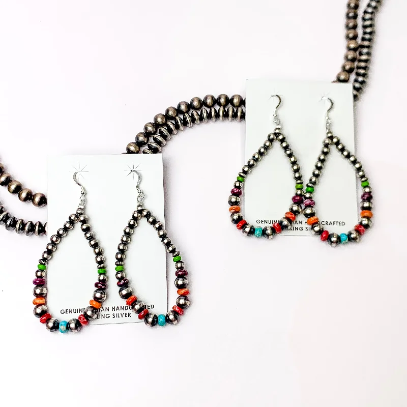 Fine heart earrings-Navajo | Navajo Handmade Sterling Silver Navajo Pearl Teardrop Earrings with Green, Blue, Purple, and Orange Spacers