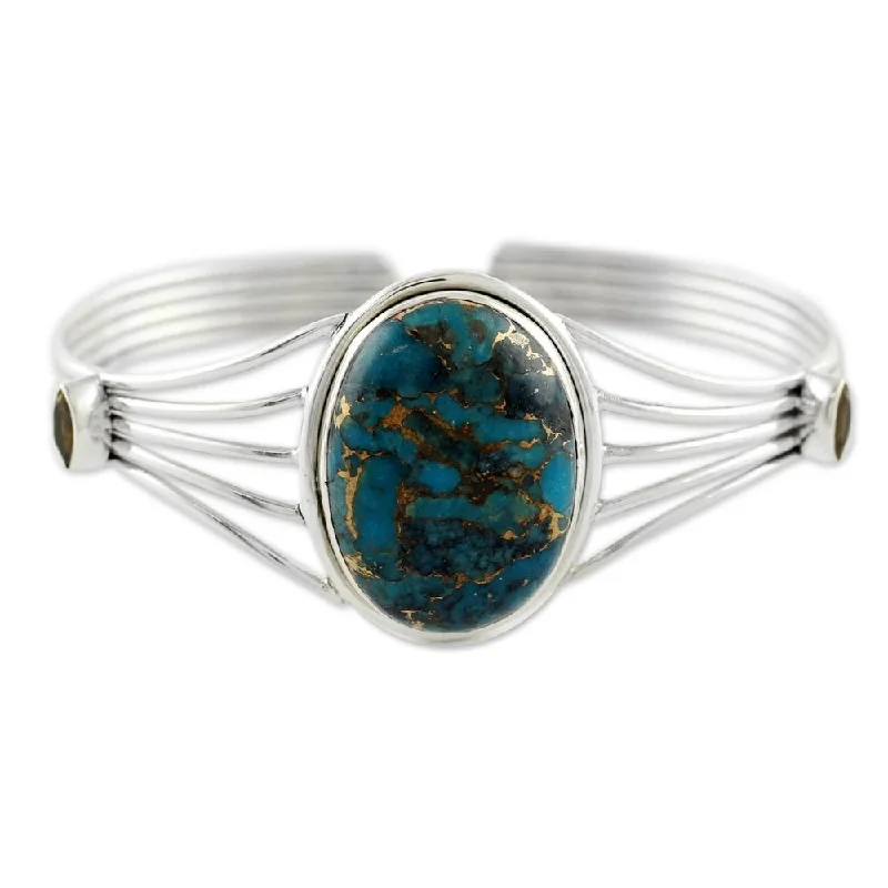 Oval gem bangles-Sterling Silver Cuff Bracelet, 'Blue Island' (India) - 7'6" x 9'6"