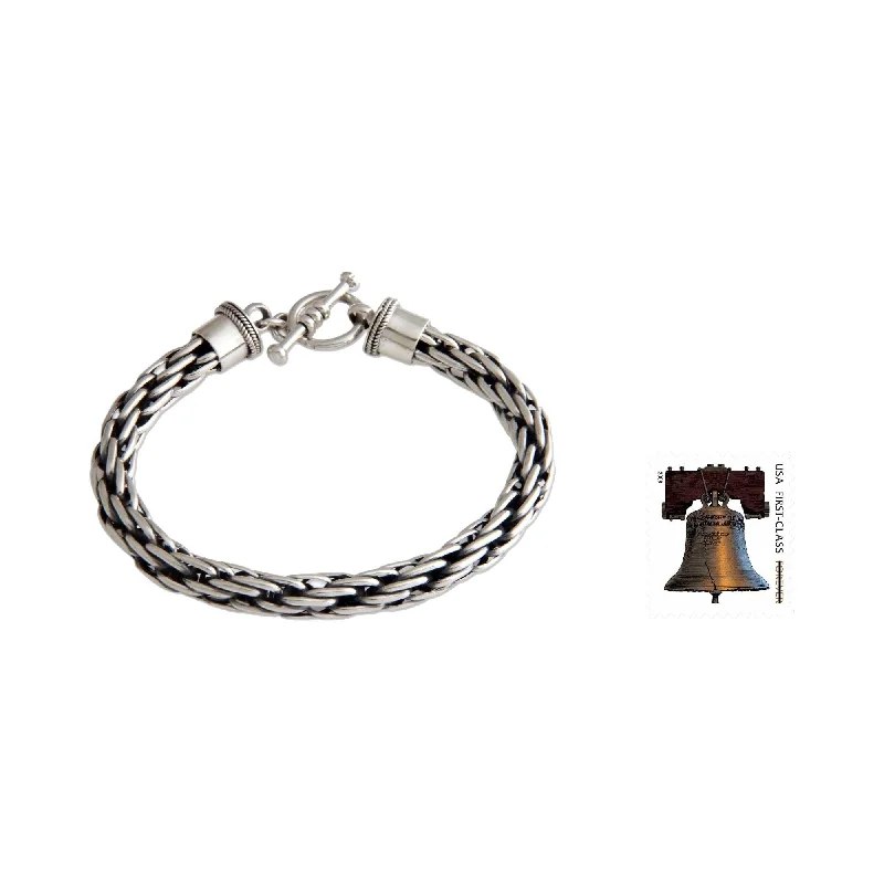 Bead charm bangles-Courage Unique Handmade Toggle Clasp Open Link Woven Oxidized and Polished 925 Sterling Silver Mens Bracelet (Indonesia)