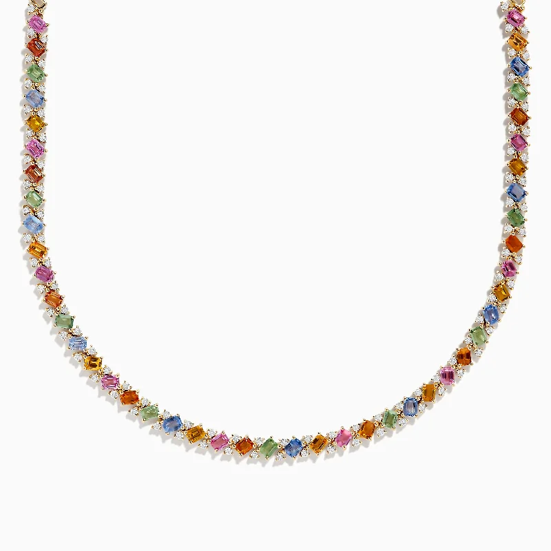 Swirl shape necklaces-Watercolors 14K Yellow Gold Multi Sapphire and Diamond Necklace