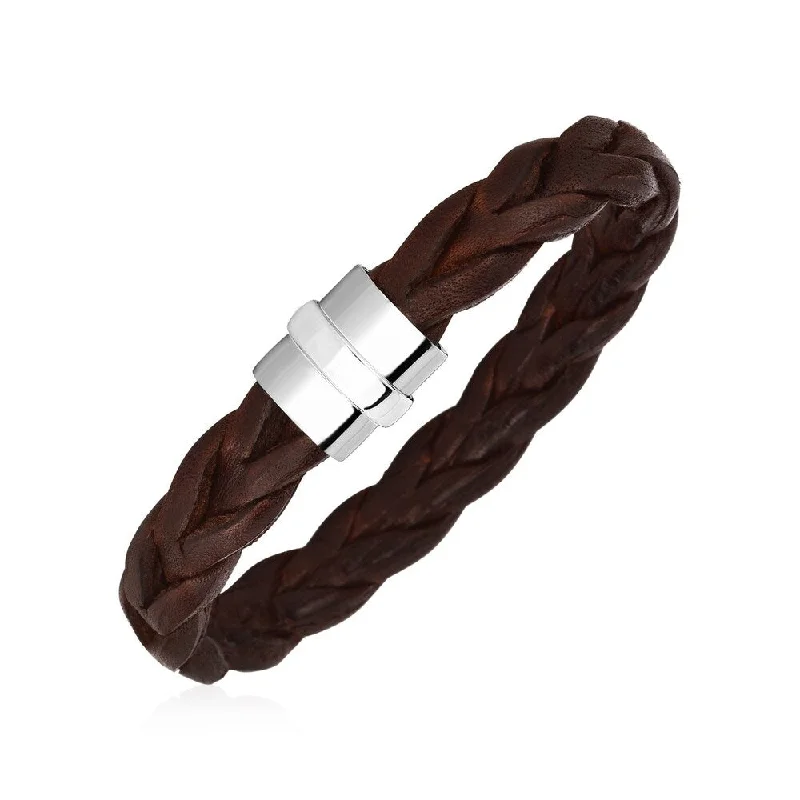 Surf theme bangles-Wide Braided Brown Leather Bracelet with Sterling Silver Clasp