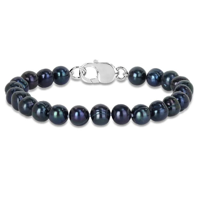 Raven motif bangles-Miadora 8-8.5mm Men's Black Cultured Freshwater Pearl Bracelet with Sterling Silver