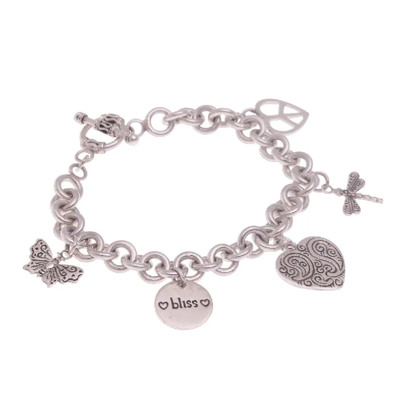 Pinch clasp bangles-NOVICA Love and Bliss, Sterling silver charm bracelet