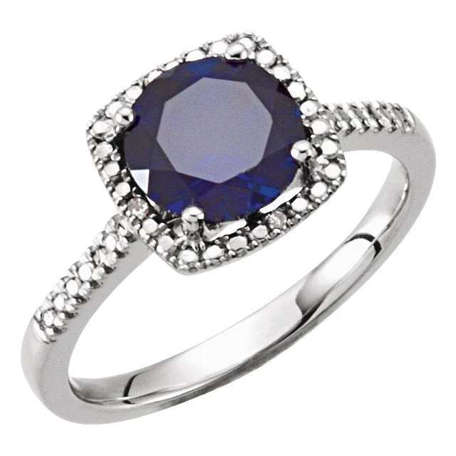 Beaded edge engagement rings-STERLING SILVER 1.85 CT LAB CREATED BLUE SAPPHIRE & .01 CTW DIAMOND HALO RING