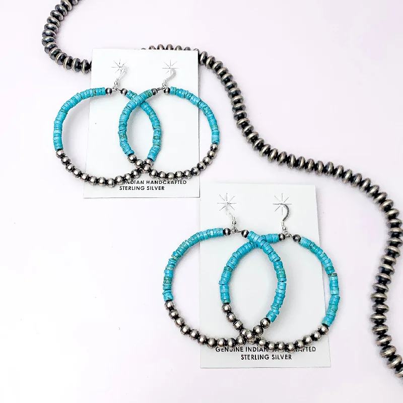 Curved design earrings-Navajo | Navajo Handmade Sterling Silver Navajo Pearl Hoop Earrings with Turquoise Stones