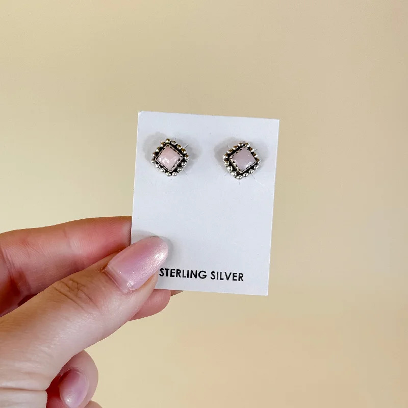 Raven feather earrings-Hada Collection | Handmade Sterling Silver Square Pink Opal Stud Earrings