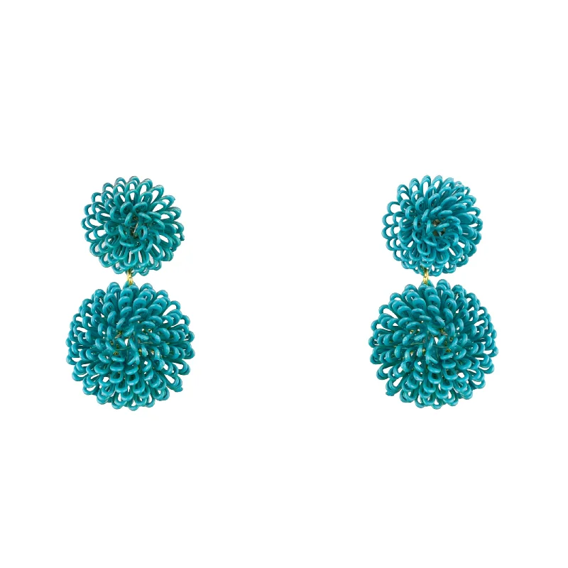 Vibrant enamel earrings-Double Aqua Pompom Rainbow