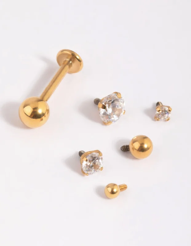 Layered tier earrings-Gold Plated Surgical Steel Cubic Zirconia Flat Back 6-Pack