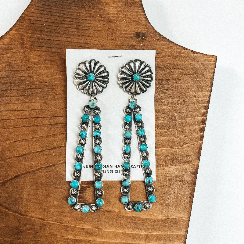 Bow knot earrings-Eugene Charley | Navajo Handmade Sterling Silver Concho Post Earrings with Teardrop Outline Dangle with Turquoise Stones