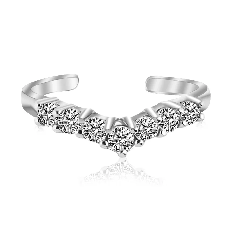 Lily design engagement rings-Sterling Silver Rhodium Finished V Shape Toe Ring with Cubic Zirconia Accents