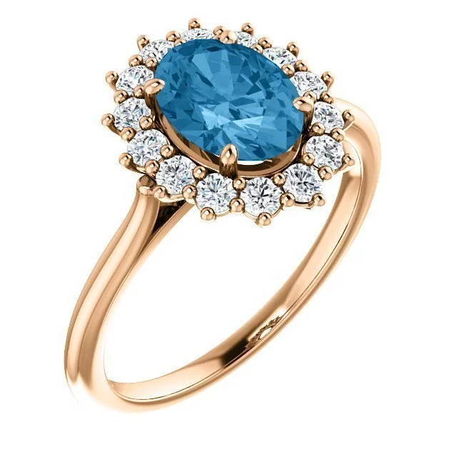 Subtle accent engagement rings-14KT GOLD 1.60 CT SWISS BLUE TOPAZ & 3/8 CTW DIAMOND OVAL HALO RING