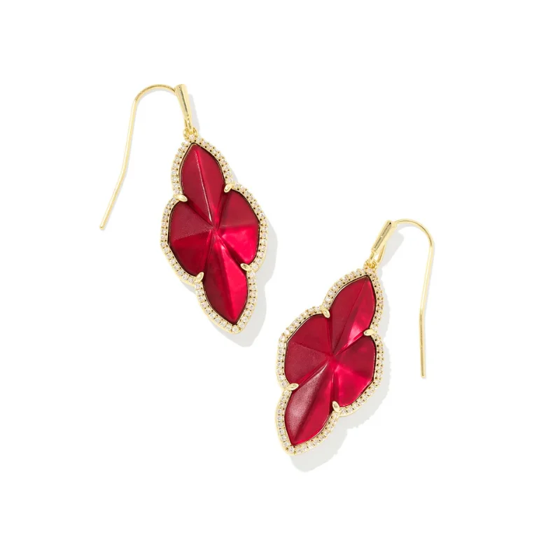 Flat badge earrings-Kendra Scott | Abbie Pave Frame Gold Drop Earrings in Cranberry Red Illusion