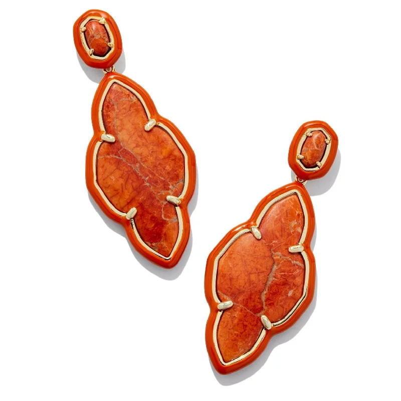 Coiled cord earrings-Kendra Scott | Abbie Gold Enamel Frame Statement Earrings in Variegated Orange Magnesite