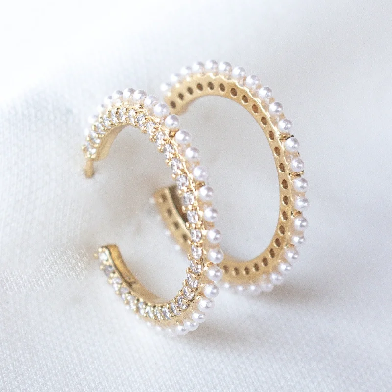 Polished art earrings-Kinsey Designs | Whit Thin Gold Tone Hoop Earrings with Pearl and CZ Crystal Accented Border