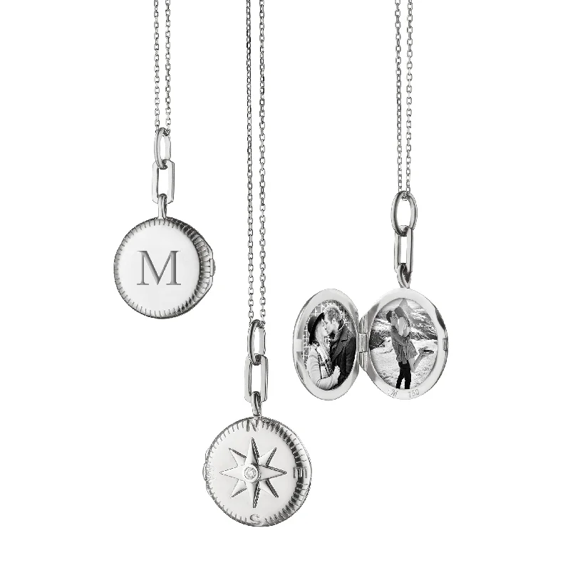 Multi-chain necklaces-"Adventure" Compass Silver Engraved Locket Necklace