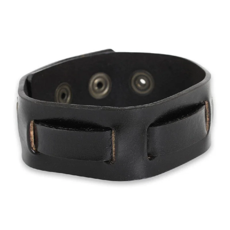 Light filigree bangles-Handmade Men's Leather 'Journey in Black' Bracelet (Thailand)