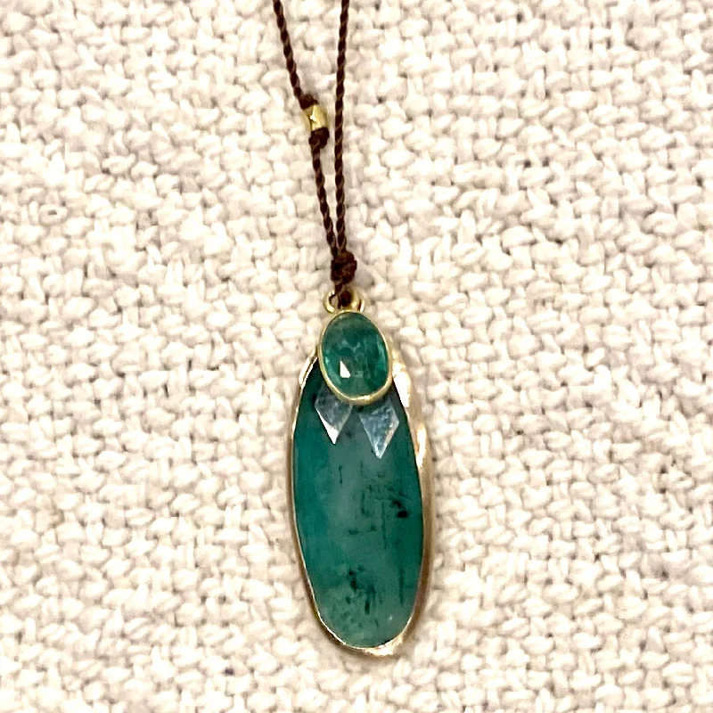 Ripple pattern necklaces-One of a Kind 14K Gold Framed Teardrop Emeralds on Cord Necklace