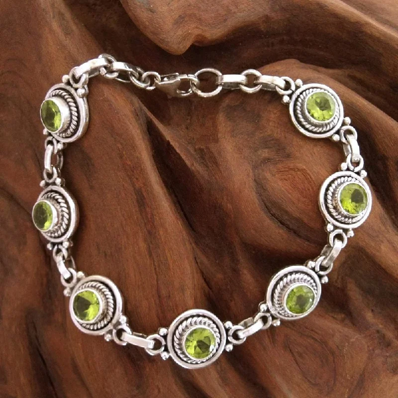 Wide chain bangles-Handmade Sterling Silver 'Green Mystique' Peridot Bracelet (India)