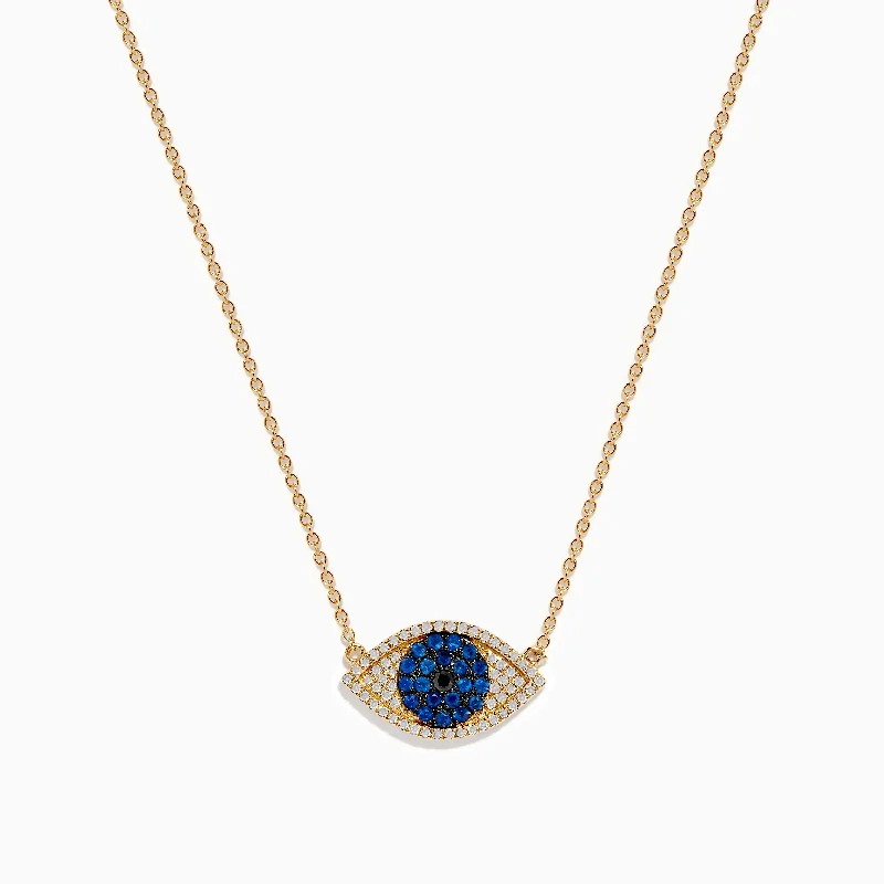 Oval drop necklaces-14K Yellow Gold Blue Sapphire and Diamond Evil Eye Necklace