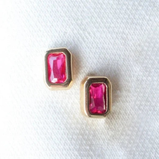 Patina brass earrings-Kinsey Designs | Brooks Gold Tone Rectangular Stud Earrings with Fuchsia Pink CZ Crystals