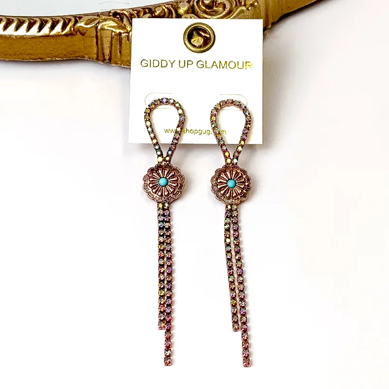 Fiber fringe earrings-AB Crystal Bolo Tie Tassel Earrings with Circle Concho in Copper Tone