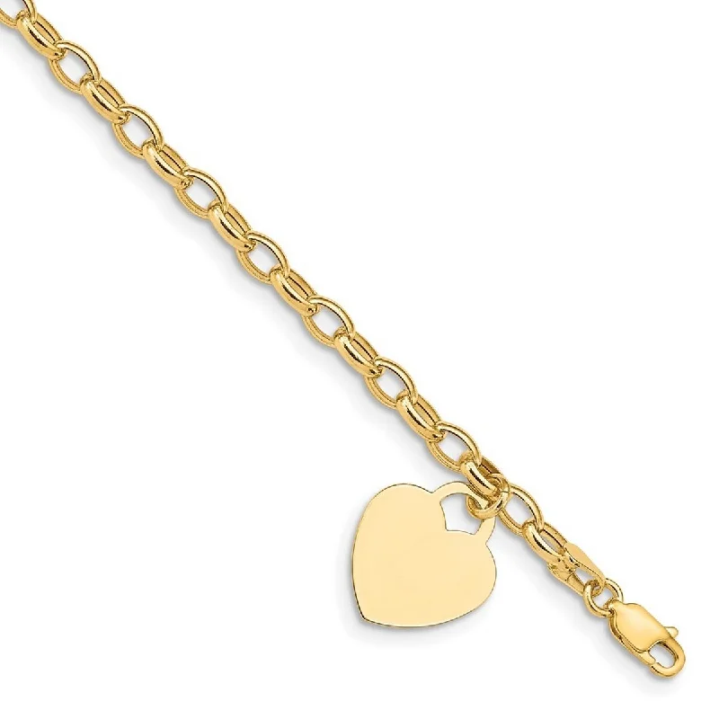 Pure link bangles-Curata 14k Polished Engravable Lobster Claw Closure Gold 7.5 Inch Engraveable Small Heart Disc on Fancy Bracelet - Lobster Claw