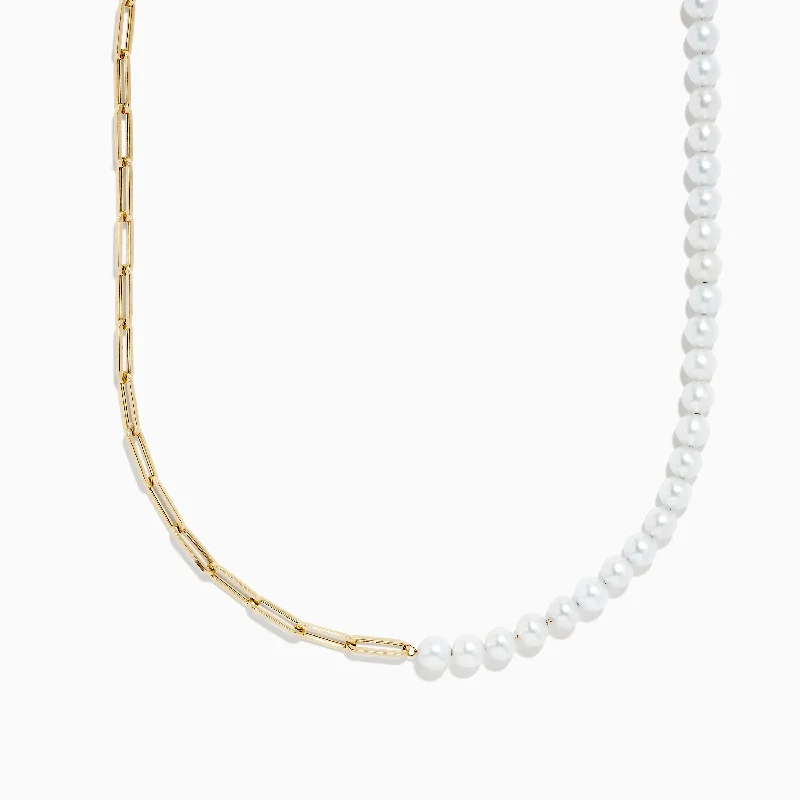 Layered link necklaces-14K Yellow Gold Paperclip Cultured Fresh Water Pearl Necklace