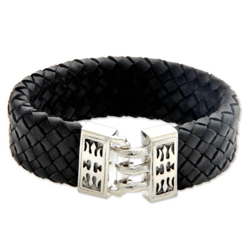 Pure modern bangles-Handmade Sterling Silver Men's 'Tribal Warrior' Leather Bracelet (Indonesia)