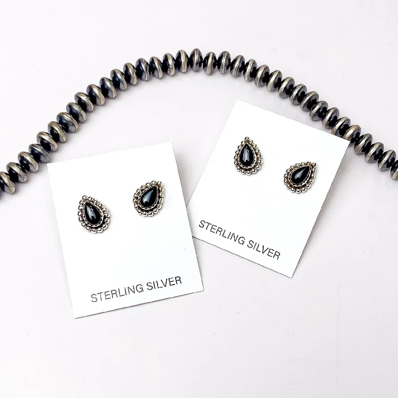 Bamboo style earrings-Hada Collection | Handmade Sterling Silver Teardrop Shaped Stud Earrings with Black Onyx Remix Stones