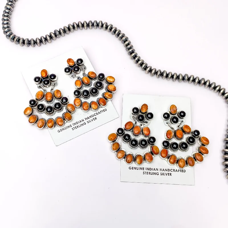 Petal hoop earrings-JB | Navajo Handmade Sterling Silver Post Chandelier Earrings with Orange Spiny Oyster and Black Onyx Stones