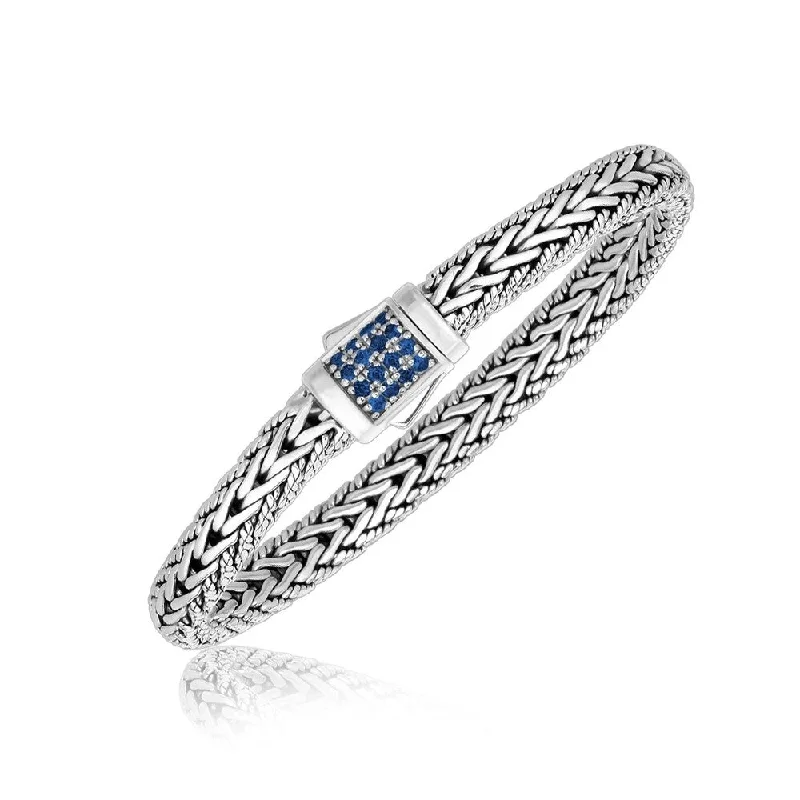 Twist charm bangles-Sterling Silver Braided Men's Bracelet with Blue Sapphire Stones