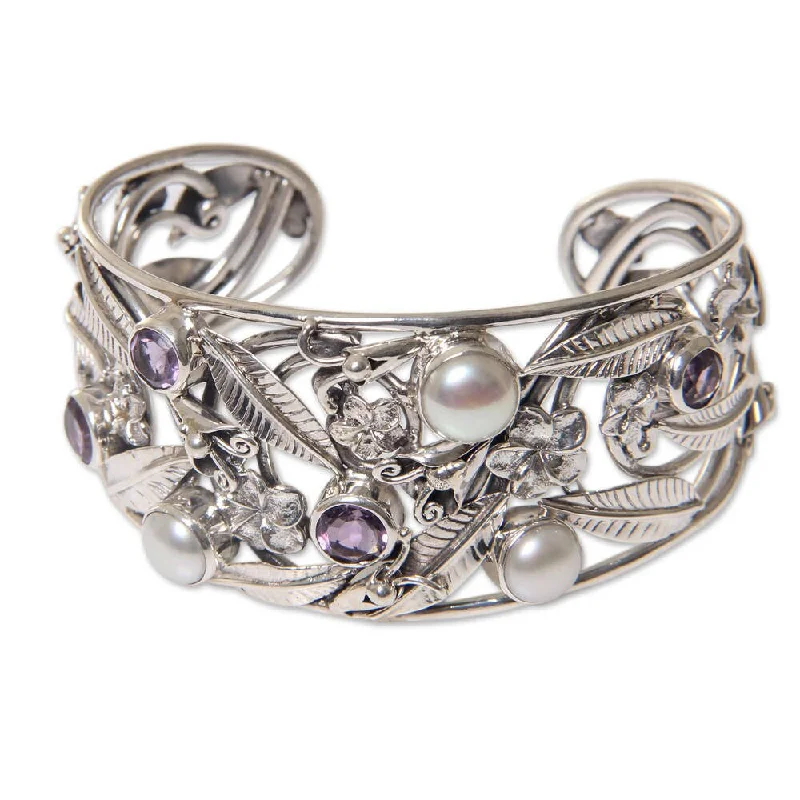 Gloss finish bangles-NOVICA Amethyst and Cultured Pearl Cuff Bracelet, 'Temple Garden' (Indonesia)